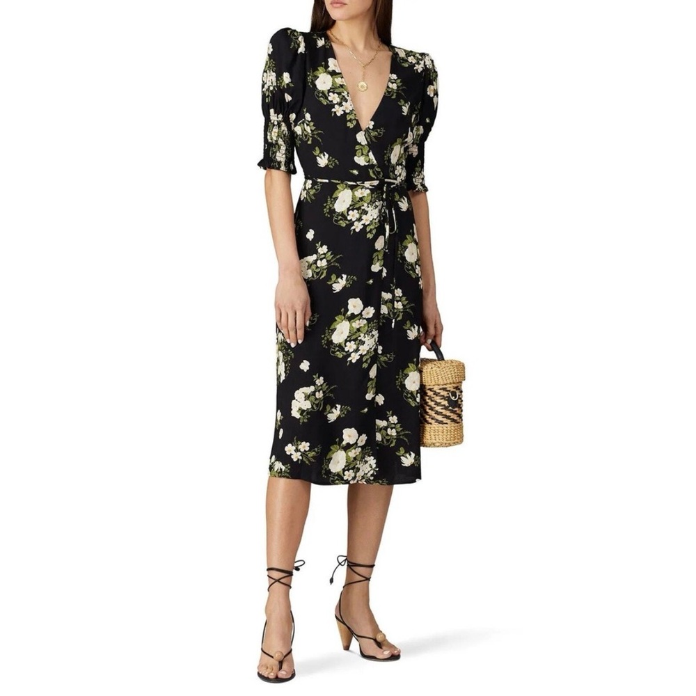 Reformation Black Floral Midi Wrap Dress